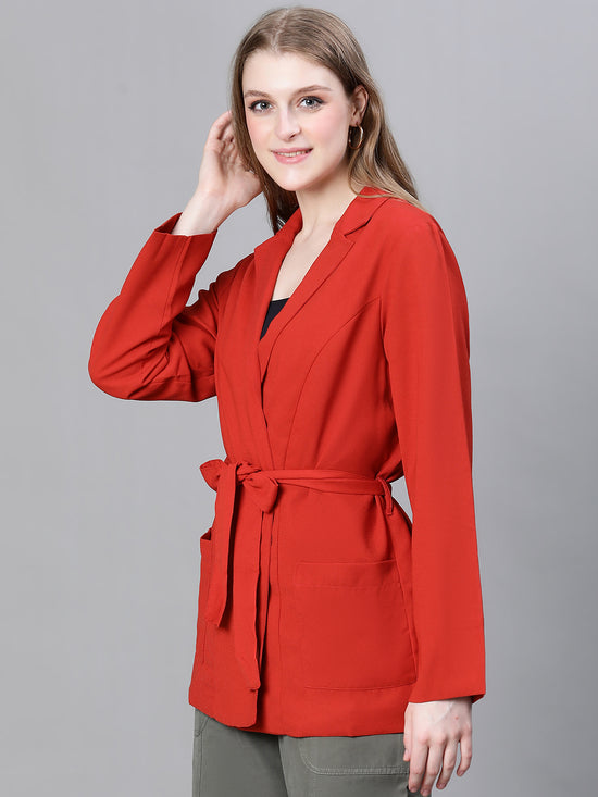 Women Rust Open Collar Belted Long Sleeve Blazer Jacket-W23257WBZ002