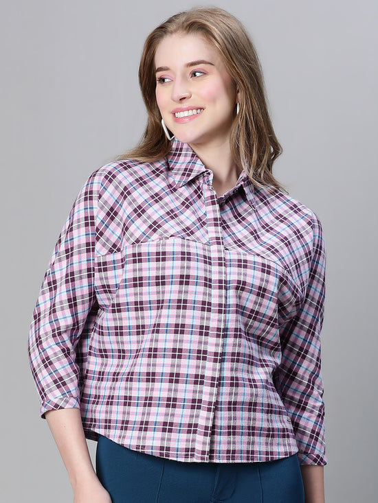 Women Purple Brush Check Collared Long Sleeve Cotton Shirt-W23261WSH003