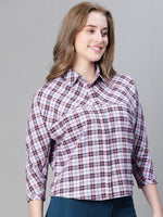 Women Purple Brush Check Collared Long Sleeve Cotton Shirt-W23261WSH003