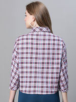 Women Purple Brush Check Collared Long Sleeve Cotton Shirt-W23261WSH003