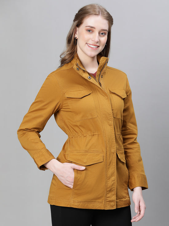 Women Mustard Collared Snap Buttoned Long Sleeve Cotton Jacket-W23264WJK001