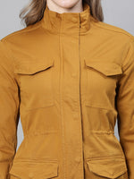 Women Mustard Collared Snap Buttoned Long Sleeve Cotton Jacket-W23264WJK001