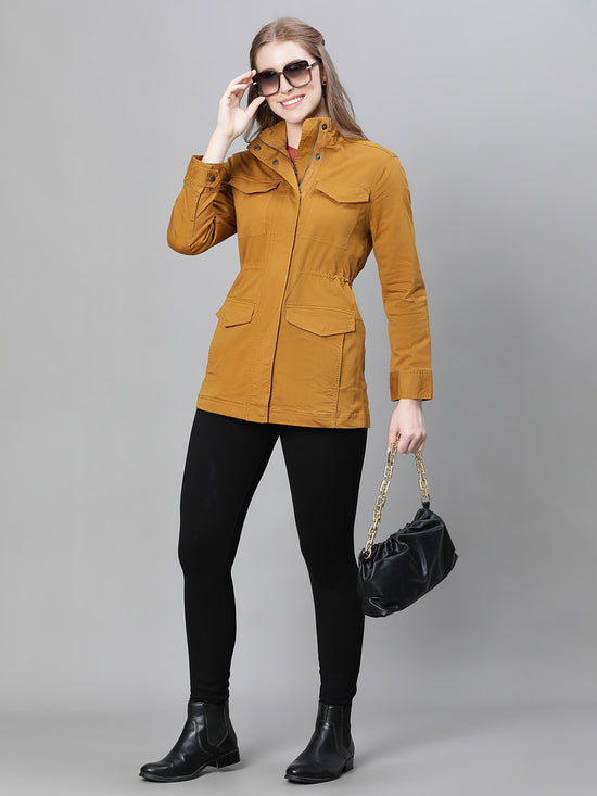 Women Mustard Collared Snap Buttoned Long Sleeve Cotton Jacket-W23264WJK001