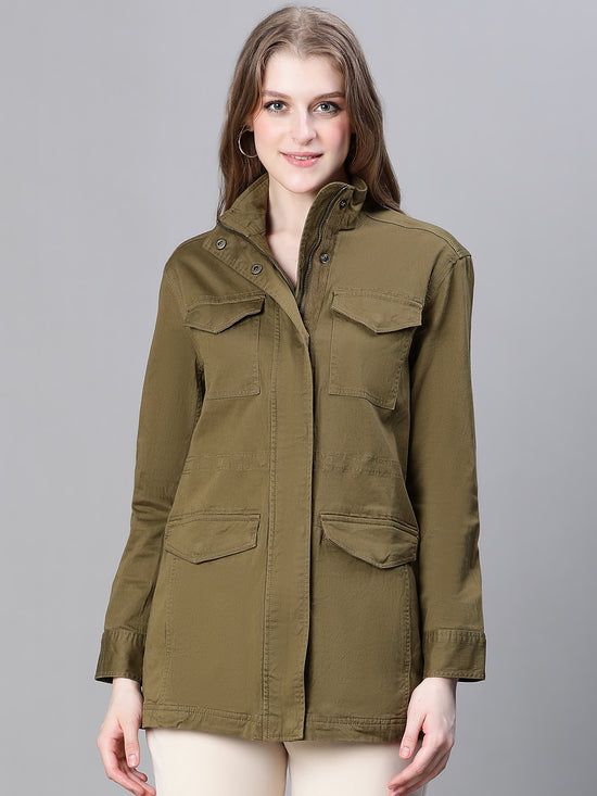 Women Khaki Collared Snap Buttoned Long Sleeve Cotton Jacket-W23264WJK002