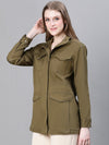 Women Khaki Collared Snap Buttoned Long Sleeve Cotton Jacket-W23264WJK002