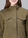 Women Khaki Collared Snap Buttoned Long Sleeve Cotton Jacket-W23264WJK002