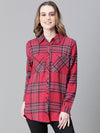 Women Red Brush Check Long Sleeve Collared Cotton Shirt-W23266WSH003