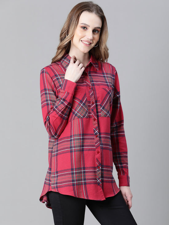 Women Red Brush Check Long Sleeve Collared Cotton Shirt-W23266WSH003