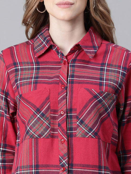 Women Red Brush Check Long Sleeve Collared Cotton Shirt-W23266WSH003