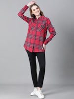 Women Red Brush Check Long Sleeve Collared Cotton Shirt-W23266WSH003