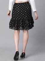 Women Black Dot Foil Print Elasticated Flared Short Partywear Skirt-W23269WSK003