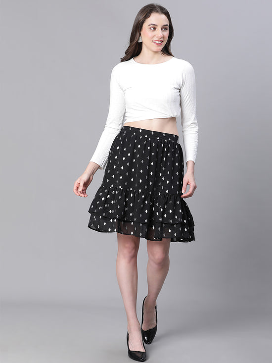 Women Black Dot Foil Print Elasticated Flared Short Partywear Skirt-W23269WSK003