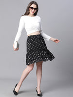 Women Black Dot Foil Print Elasticated Flared Short Partywear Skirt-W23269WSK003