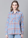 Women Blue Brush Check Long Sleeve Collared Cotton Shirt-W23270WSH001