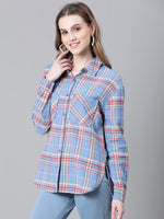 Women Blue Brush Check Long Sleeve Collared Cotton Shirt-W23270WSH001