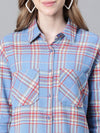 Women Blue Brush Check Long Sleeve Collared Cotton Shirt-W23270WSH001