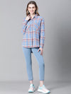 Women Blue Brush Check Long Sleeve Collared Cotton Shirt-W23270WSH001