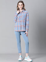 Women Blue Brush Check Long Sleeve Collared Cotton Shirt-W23270WSH001