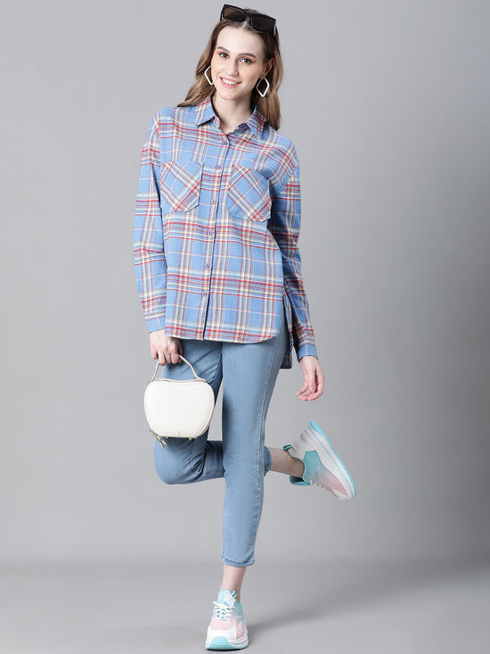 Women Blue Brush Check Long Sleeve Collared Cotton Shirt-W23270WSH001