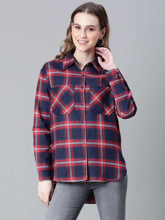 Women Red Brush Check Long Sleeve Collared Cotton Shirt-W23270WSH002