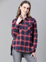 Women Red Brush Check Long Sleeve Collared Cotton Shirt-W23270WSH002