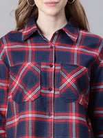 Women Red Brush Check Long Sleeve Collared Cotton Shirt-W23270WSH002