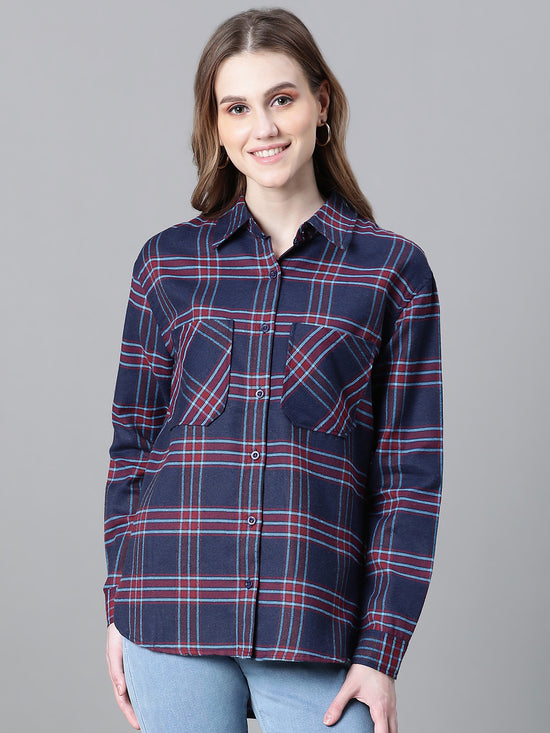 Women Navy Blue Brush Check Long Sleeve Collared Cotton Shirt-W23270WSH003