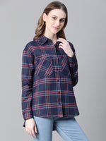 Women Navy Blue Brush Check Long Sleeve Collared Cotton Shirt-W23270WSH003