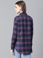 Women Navy Blue Brush Check Long Sleeve Collared Cotton Shirt-W23270WSH003