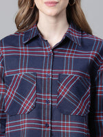 Women Navy Blue Brush Check Long Sleeve Collared Cotton Shirt-W23270WSH003