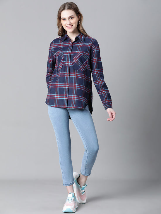 Women Navy Blue Brush Check Long Sleeve Collared Cotton Shirt-W23270WSH003