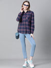 Women Navy Blue Brush Check Long Sleeve Collared Cotton Shirt-W23270WSH003