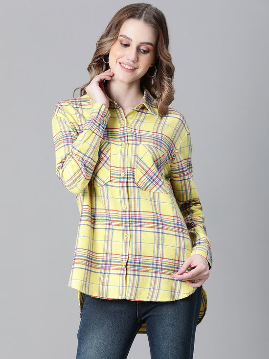 Women Yellow  Brush Check Long Sleeve Collared Cotton Shirt-W23270WSH004