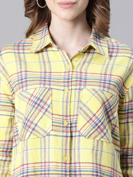 Women Yellow  Brush Check Long Sleeve Collared Cotton Shirt-W23270WSH004