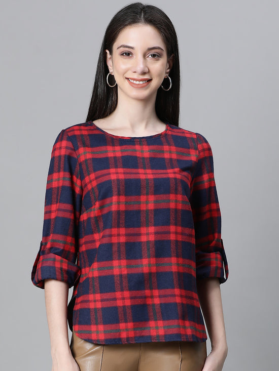 Women Red Brush Check Round Neck Long Sleeve Cotton Top-W23271WBL004