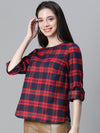 Women Red Brush Check Round Neck Long Sleeve Cotton Top-W23271WBL004