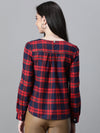 Women Red Brush Check Round Neck Long Sleeve Cotton Top-W23271WBL004