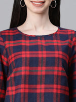 Women Red Brush Check Round Neck Long Sleeve Cotton Top-W23271WBL004