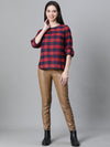 Women Red Brush Check Round Neck Long Sleeve Cotton Top-W23271WBL004