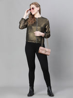 Women Black Round Neck Zipped Long Sleeve Elasticated Bomber Jacket-W23274WBJK01