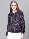 Women Multicolor Floral Print Round Neck Zipped Long Sleeve Elasticated Bomber Jacket-W23274WBJK02