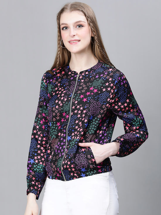 Women Multicolor Floral Print Round Neck Zipped Long Sleeve Elasticated Bomber Jacket-W23274WBJK02