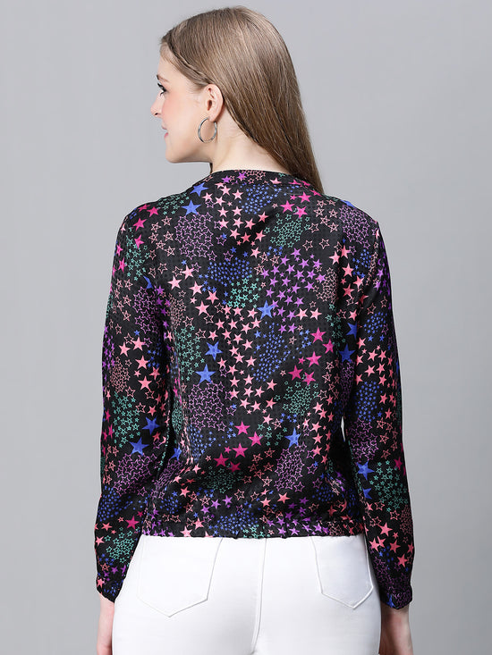 Women Multicolor Floral Print Round Neck Zipped Long Sleeve Elasticated Bomber Jacket-W23274WBJK02