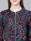 Women Multicolor Floral Print Round Neck Zipped Long Sleeve Elasticated Bomber Jacket-W23274WBJK02