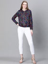 Women Multicolor Floral Print Round Neck Zipped Long Sleeve Elasticated Bomber Jacket-W23274WBJK02