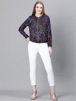 Women Multicolor Floral Print Round Neck Zipped Long Sleeve Elasticated Bomber Jacket-W23274WBJK02