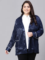 Bright Dark Blue Open-Regular Collar Floral Print Plus Size Blazer Jacket-W23277PBZ001