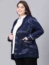 Bright Dark Blue Open-Regular Collar Floral Print Plus Size Blazer Jacket-W23277PBZ001