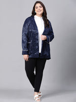 Bright Dark Blue Open-Regular Collar Floral Print Plus Size Blazer Jacket-W23277PBZ001