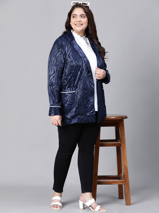 Bright Dark Blue Open-Regular Collar Floral Print Plus Size Blazer Jacket-W23277PBZ001